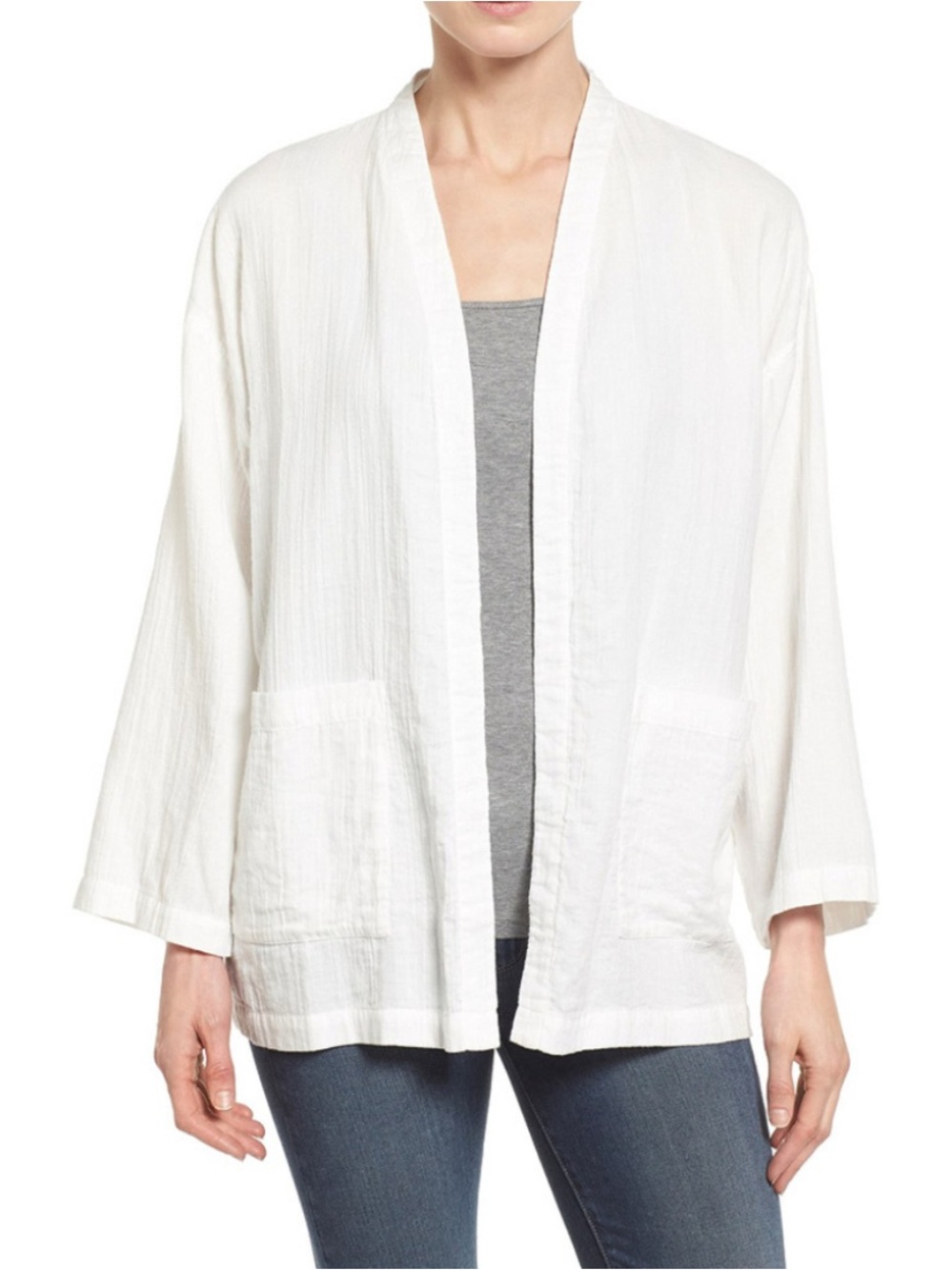 Eileen Fisher Organic Cotton White Open Front Kimono Cardigan Jacket Gauze Euro